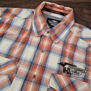 Harley Davidson Mens Large Orange Blue Plaid Short Sleeve Pocket Button Up Shirt
